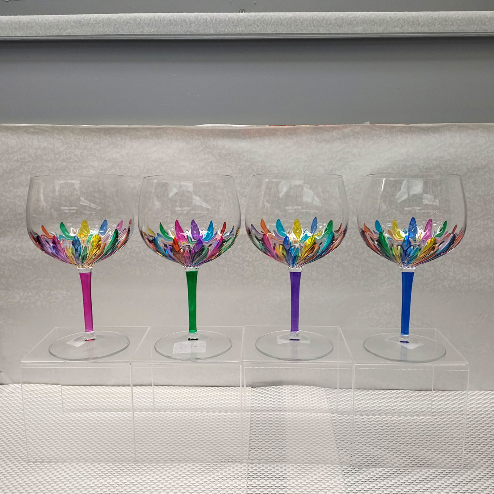 Vintage Colored Balloon Wine Glasses with Etched Glass Detail