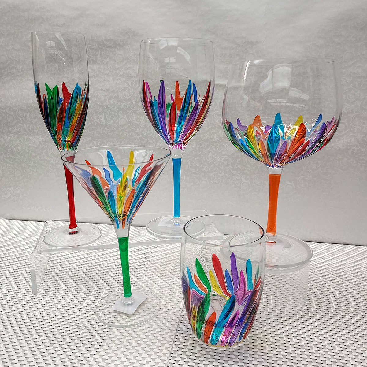Murano Italian Crystal Wine Glass  Swirls Rainbow Turquoise 8.75
